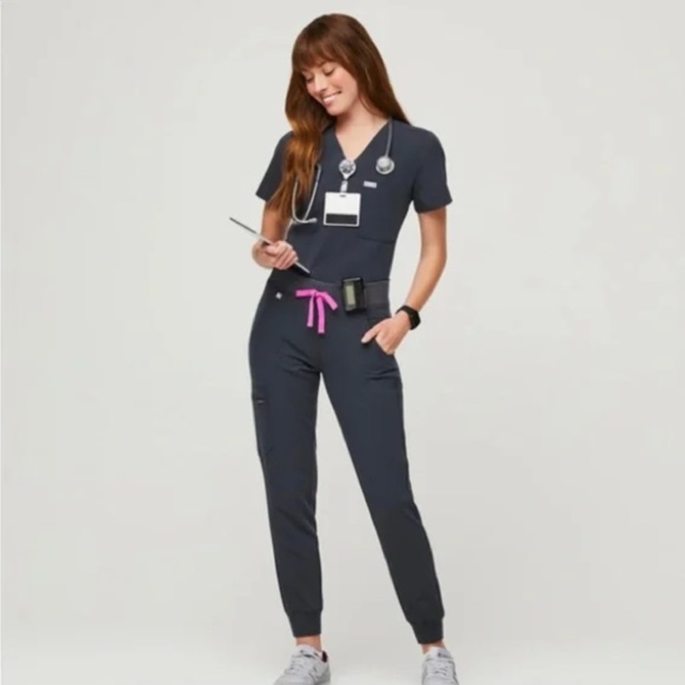 Figs Women's Navy Scrub Set with Pink Drawstring
